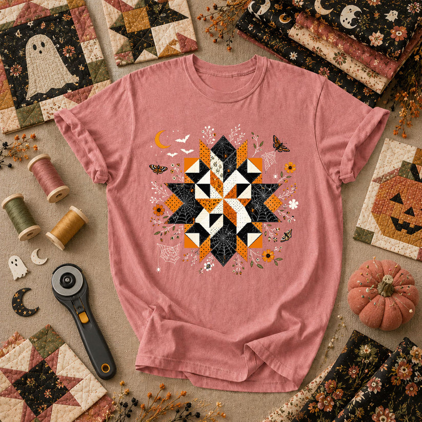 Halloween Quilt Block Mandala Spider T-Shirt - Heather Mauve