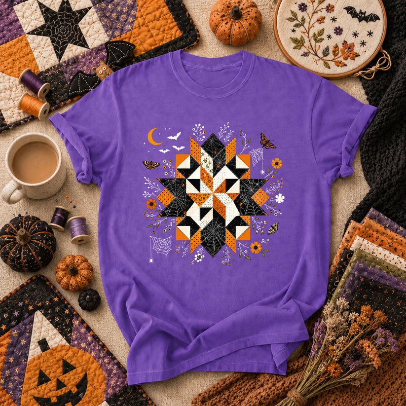 Halloween Quilt Block Mandala Spider T-Shirt - Heather Team Purple