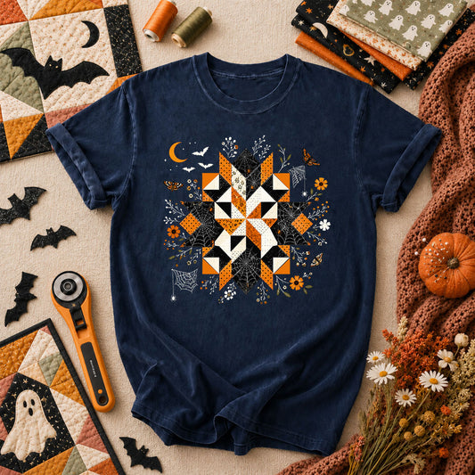 Halloween Quilt Block Mandala Spider T-Shirt - Navy