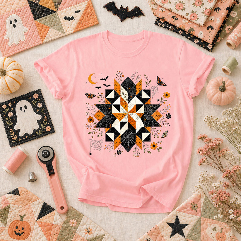 Halloween Quilt Block Mandala Spider T-Shirt - Pink