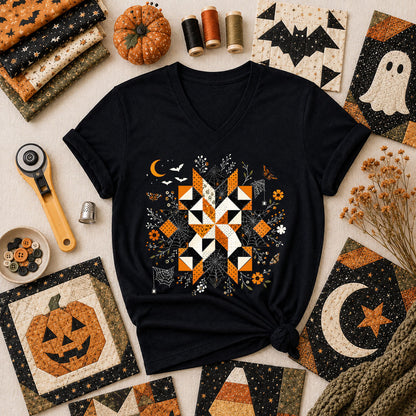 Halloween Quilt Block Mandala Spider Women's V-Neck - Black