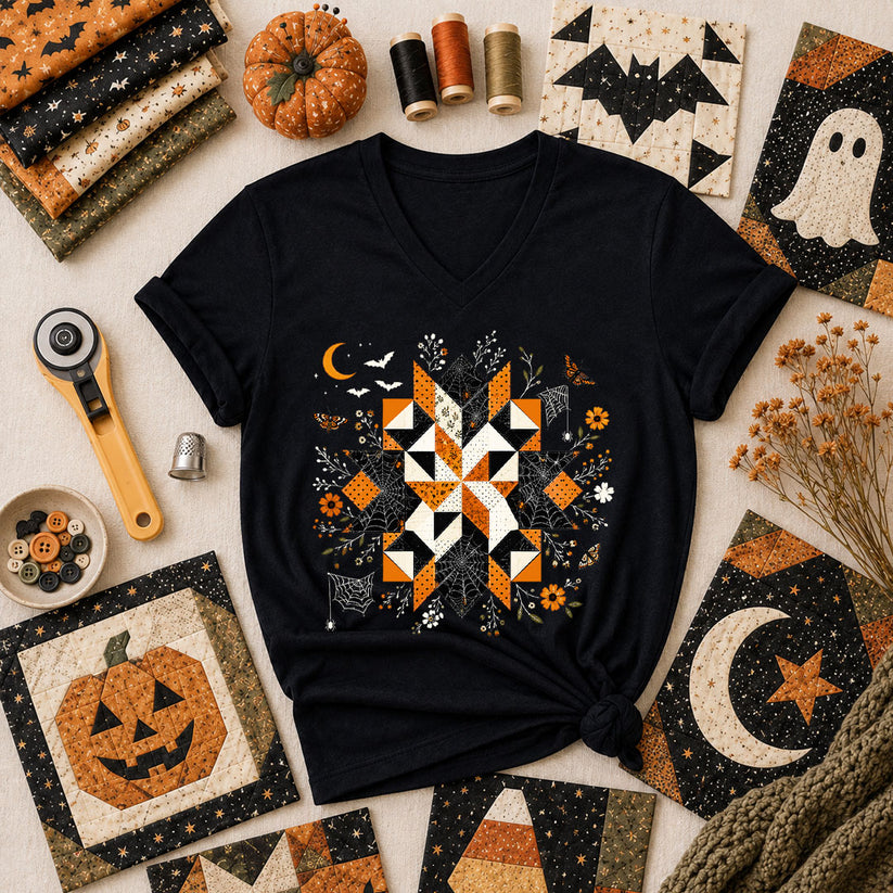 Halloween Quilt Block Mandala Spider Women's V-Neck - Black