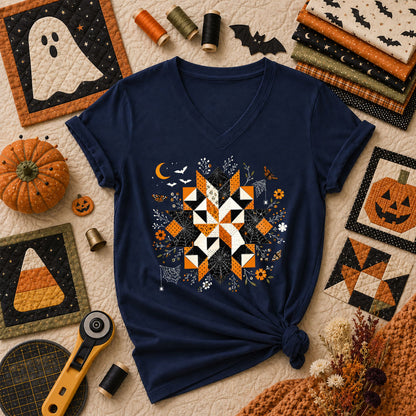 Halloween Quilt Block Mandala Spider Women's V-Neck - Navy