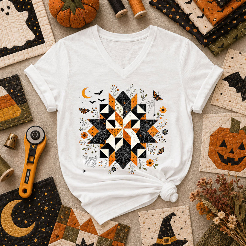Halloween Quilt Block Mandala Spider Women's V-Neck - White