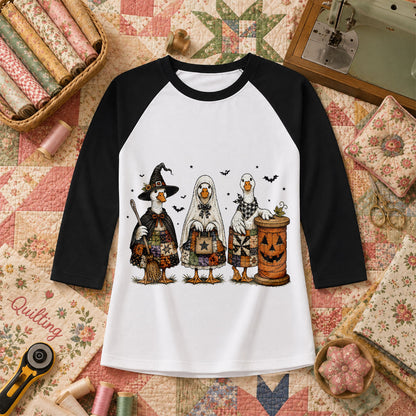 Halloween Quilting Geese Trio Ghost Raglan Sleeve - Black