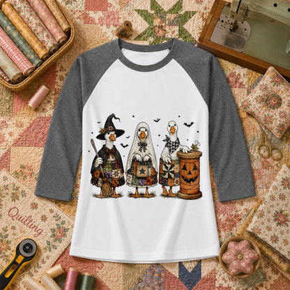 Halloween Quilting Geese Trio Ghost Raglan Sleeve - Deep Heather