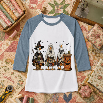 Halloween Quilting Geese Trio Ghost Raglan Sleeve - Denim