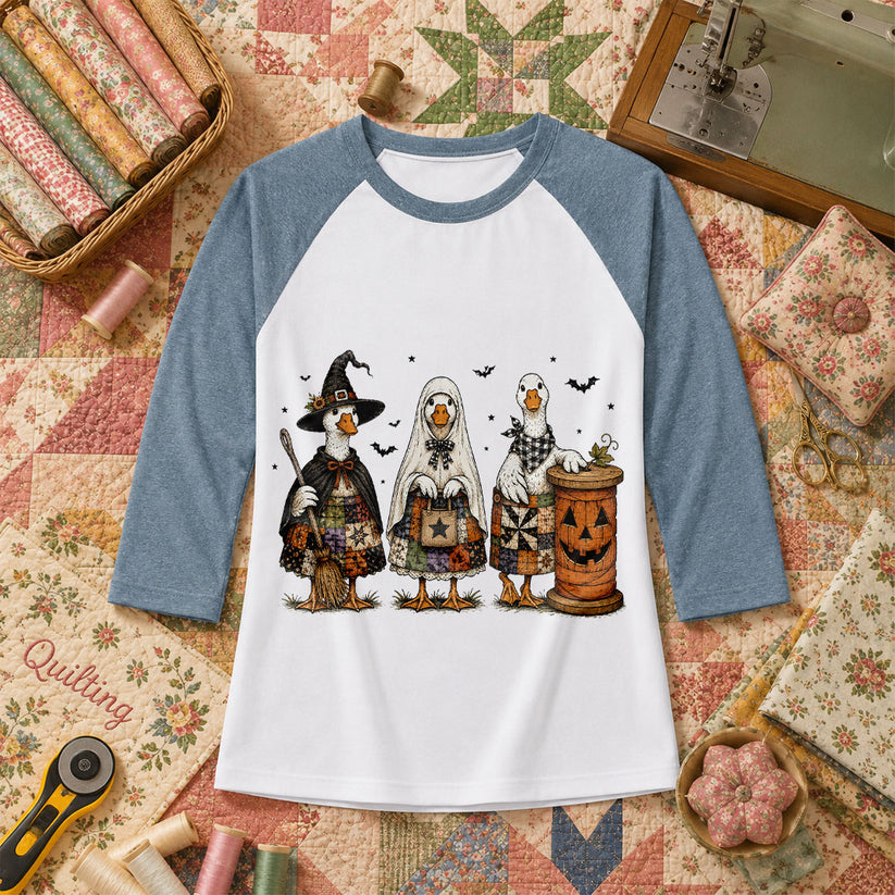 Halloween Quilting Geese Trio Ghost Raglan Sleeve - Denim