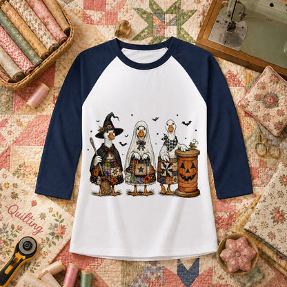Halloween Quilting Geese Trio Ghost Raglan Sleeve - Navy