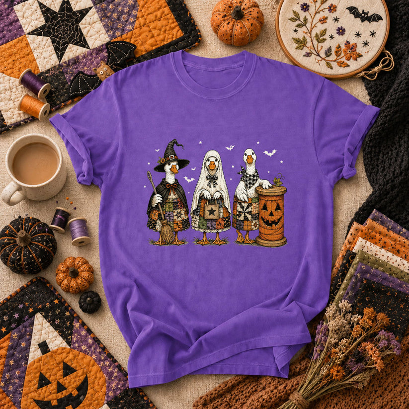 Halloween Quilting Geese Trio Ghost T-Shirt - Heather Team Purple