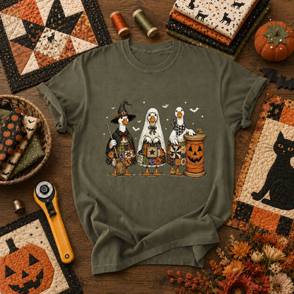 Halloween Quilting Geese Trio Ghost T-Shirt - Military Green