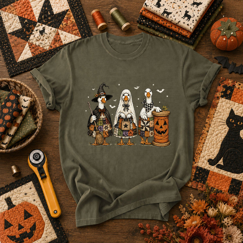 Halloween Quilting Geese Trio Ghost T-Shirt - Military Green