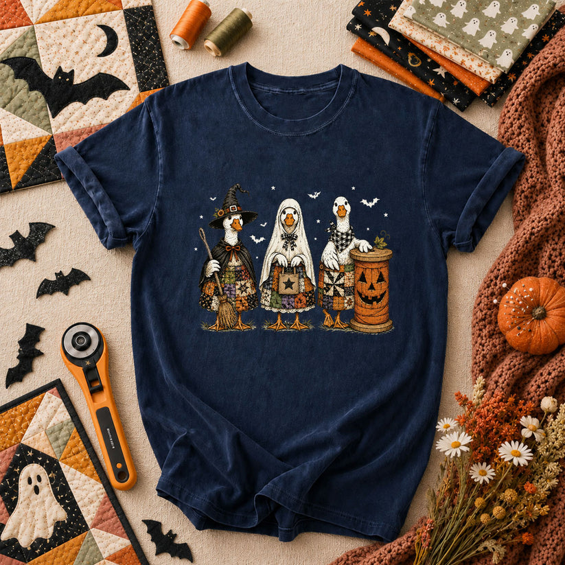 Halloween Quilting Geese Trio Ghost T-Shirt - Navy