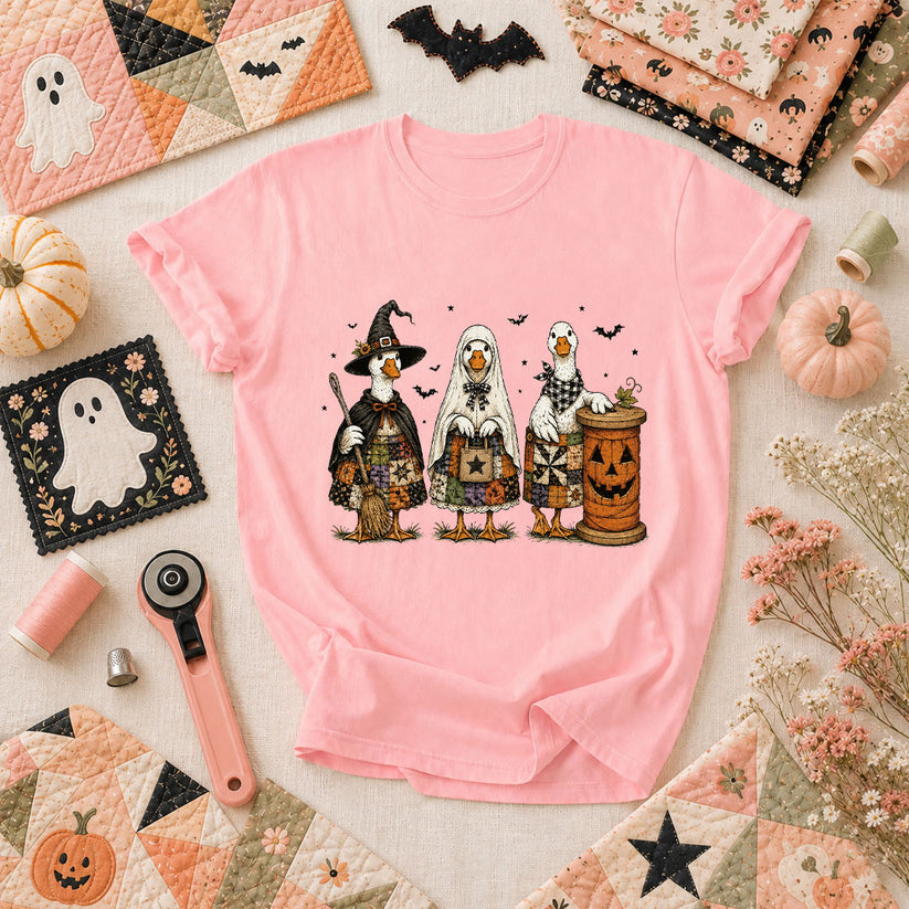Halloween Quilting Geese Trio Ghost T-Shirt - Pink