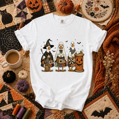 Halloween Quilting Geese Trio Ghost T-Shirt - White