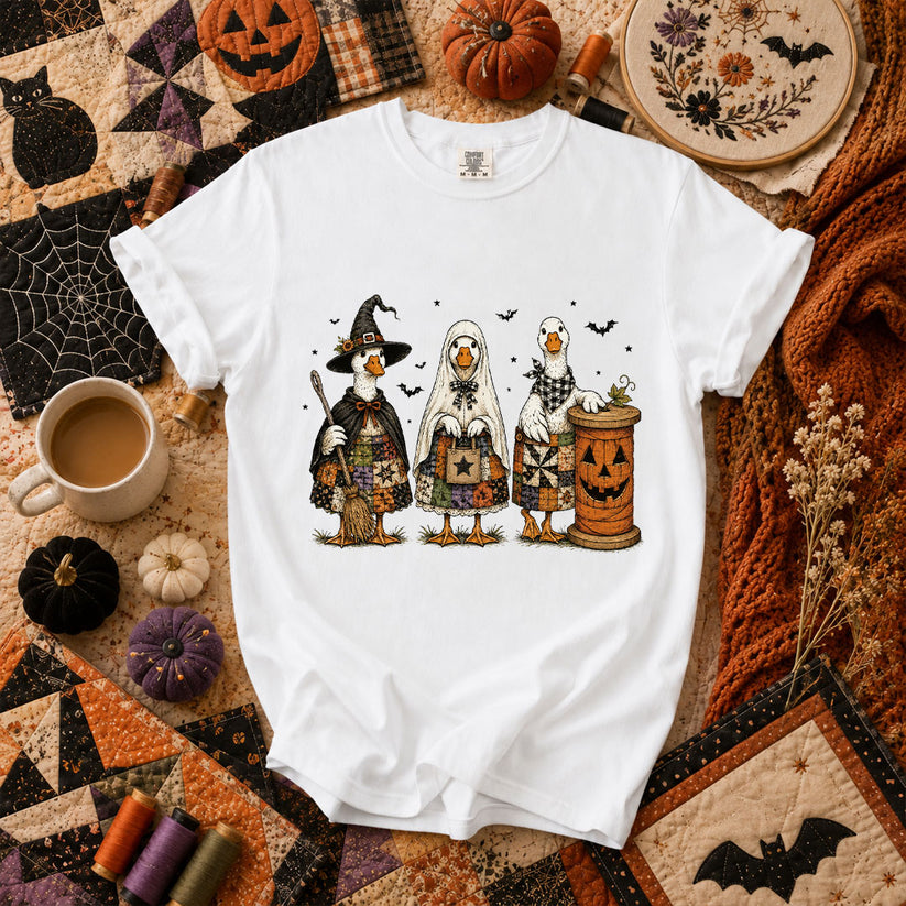 Halloween Quilting Geese Trio Ghost T-Shirt - White