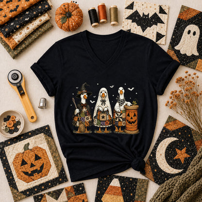 Halloween Quilting Geese Trio Ghost Women's V-Neck - Black