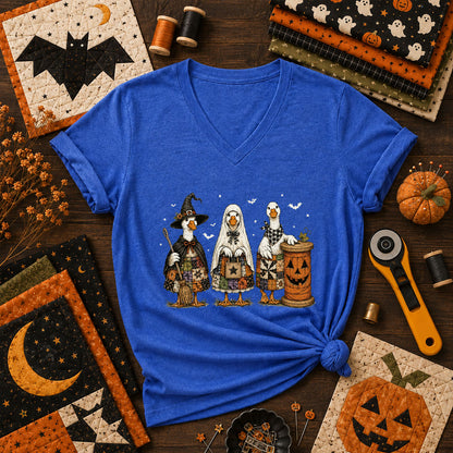 Halloween Quilting Geese Trio Ghost Women's V-Neck - Heather True Royal