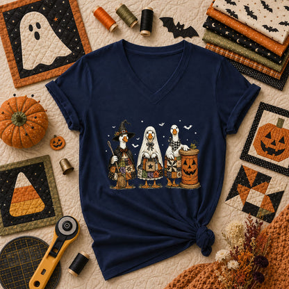 Halloween Quilting Geese Trio Ghost Women's V-Neck - Navy