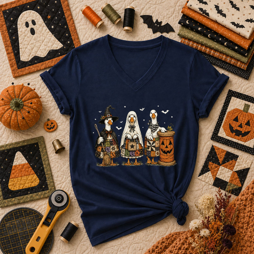 Halloween Quilting Geese Trio Ghost Women's V-Neck - Navy