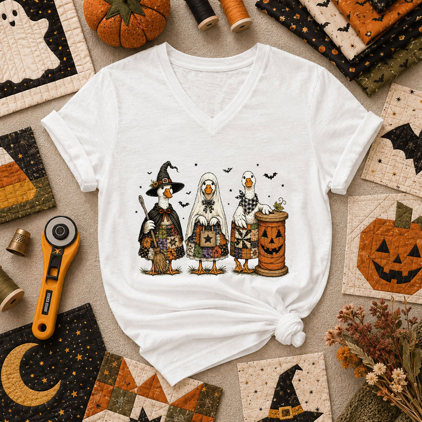 Halloween Quilting Geese Trio Ghost Women's V-Neck - White