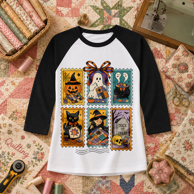 Halloween Quilting Stamps Trick Or Treat Raglan Sleeve - Black