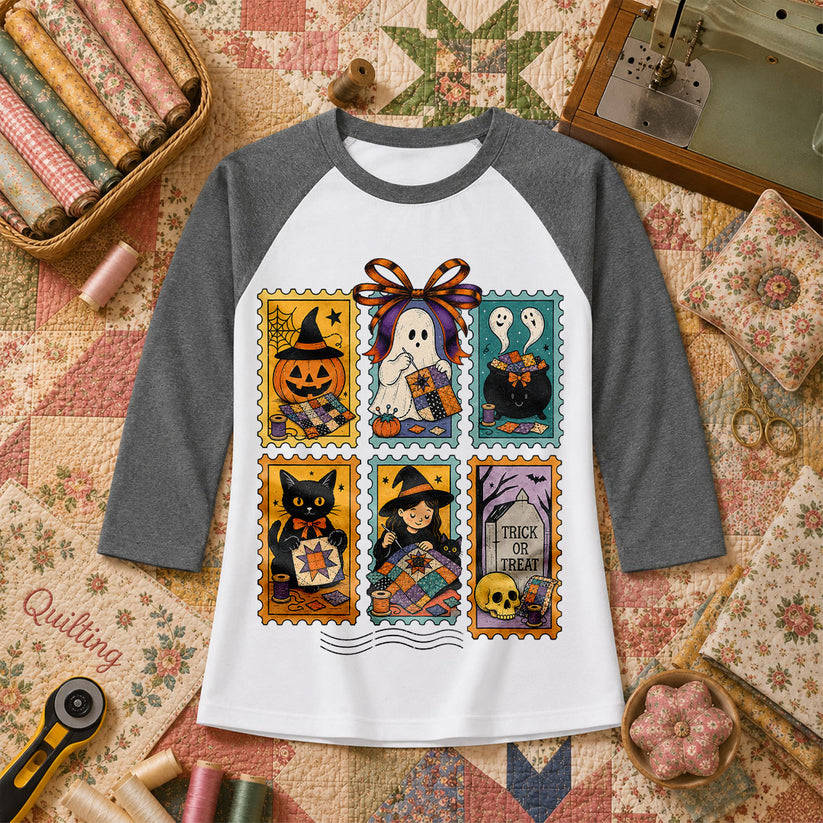 Halloween Quilting Stamps Trick Or Treat Raglan Sleeve - Deep Heather