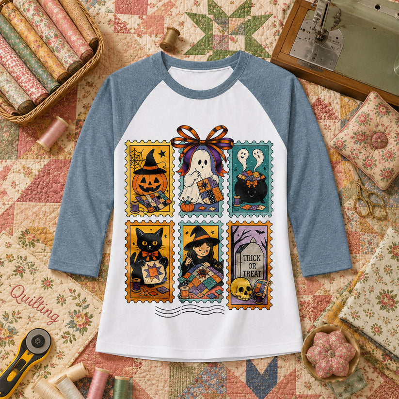 Halloween Quilting Stamps Trick Or Treat Raglan Sleeve - Denim