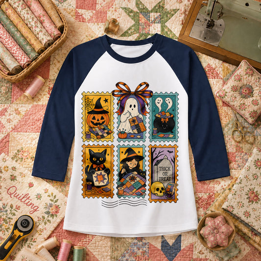 Halloween Quilting Stamps Trick Or Treat Raglan Sleeve - Navy