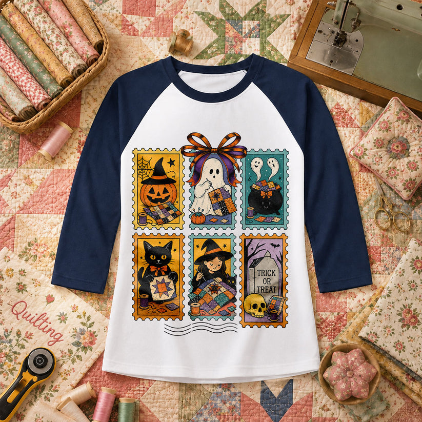 Halloween Quilting Stamps Trick Or Treat Raglan Sleeve - Navy