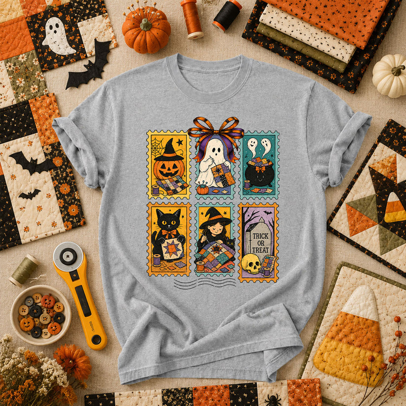 Halloween Quilting Stamps Trick Or Treat T-Shirt - Athletic Heather