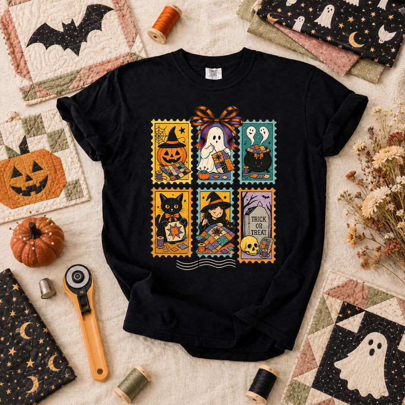 Halloween Quilting Stamps Trick Or Treat T-Shirt - Black