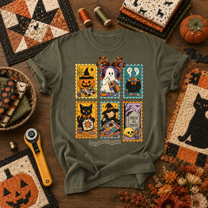 Halloween Quilting Stamps Trick Or Treat T-Shirt - Military Green