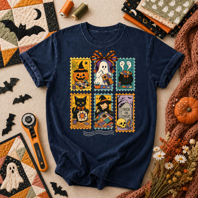 Halloween Quilting Stamps Trick Or Treat T-Shirt - Navy