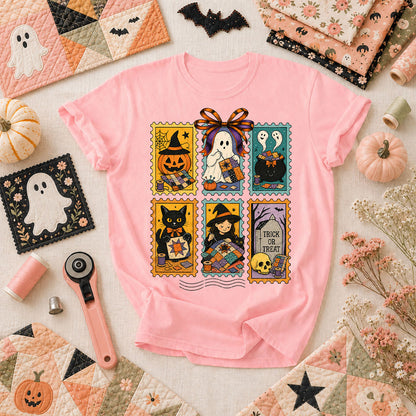Halloween Quilting Stamps Trick Or Treat T-Shirt - Pink