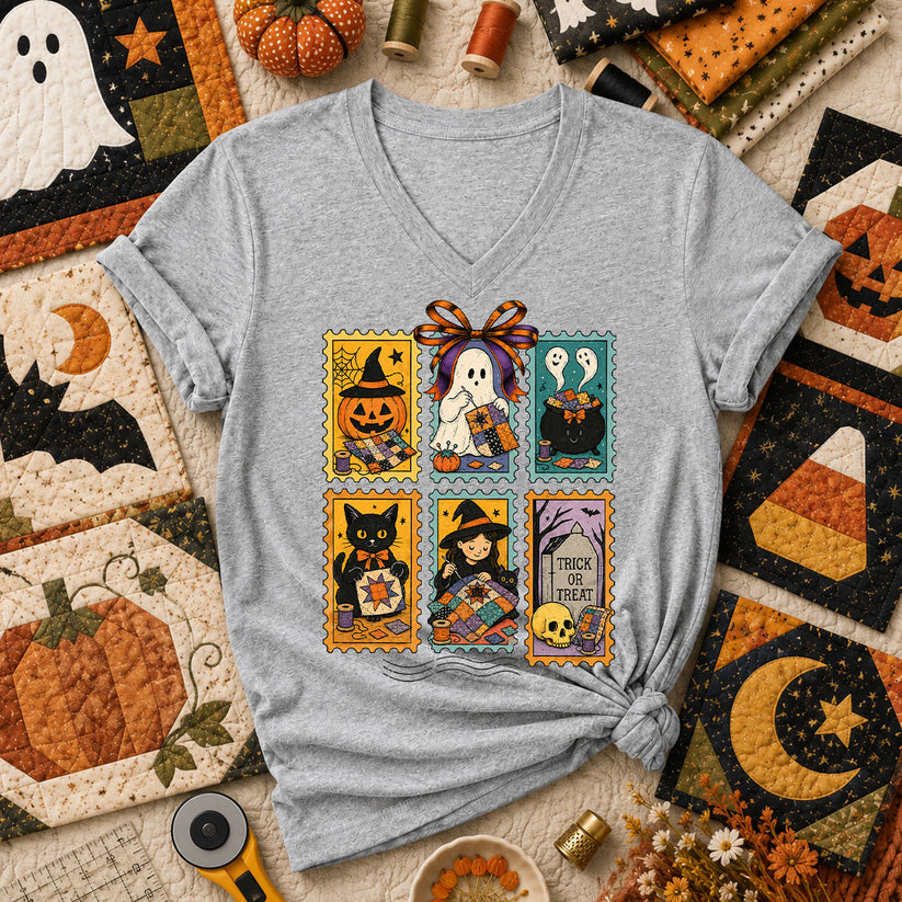 Halloween Quilting Stamps Trick Or Treat Women's V-Neck - Athletic Heather