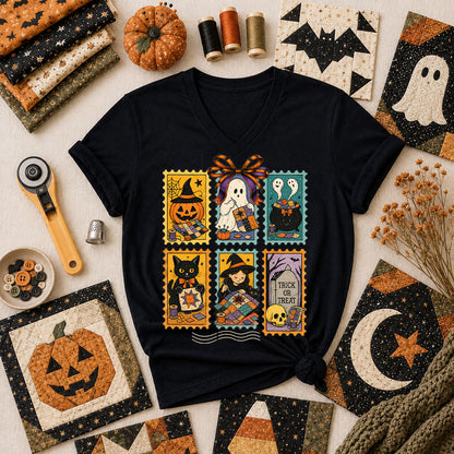 Halloween Quilting Stamps Trick Or Treat Women's V-Neck - Black