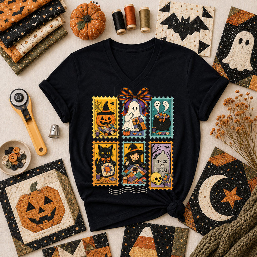 Halloween Quilting Stamps Trick Or Treat Women's V-Neck - Black