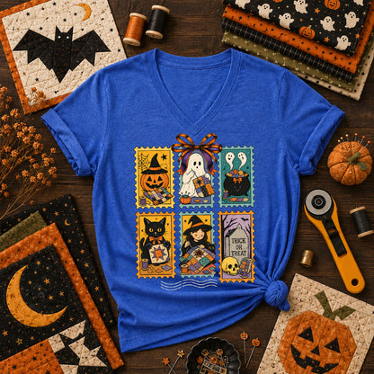 Halloween Quilting Stamps Trick Or Treat Women's V-Neck - Heather True Royal
