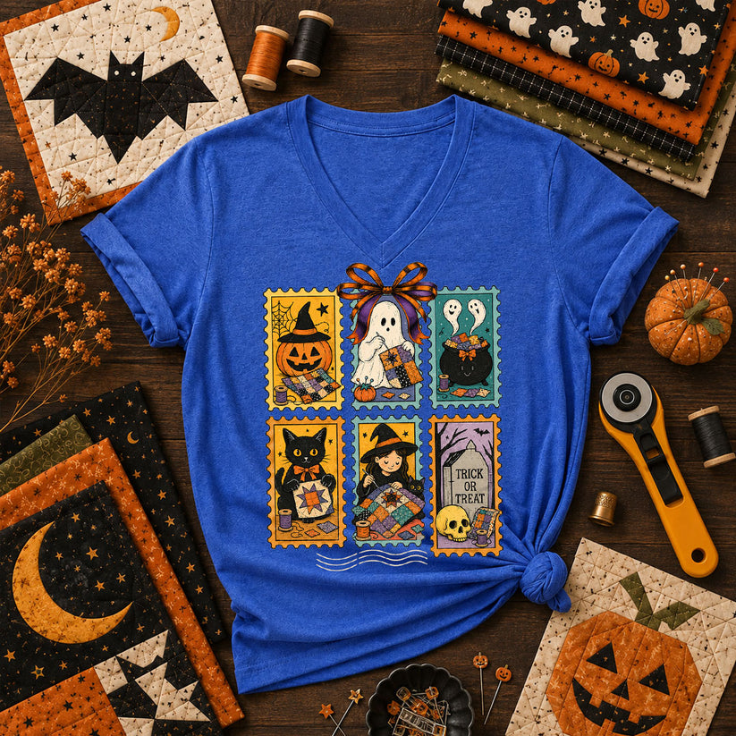 Halloween Quilting Stamps Trick Or Treat Women's V-Neck - Heather True Royal