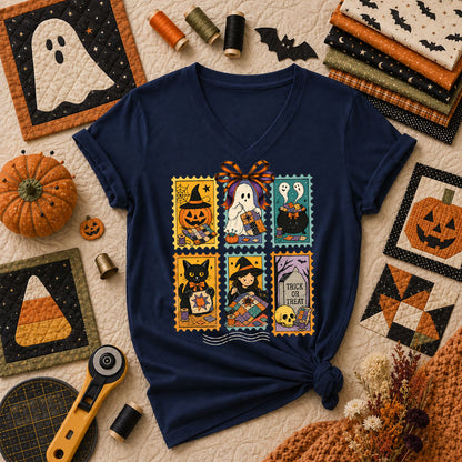 Halloween Quilting Stamps Trick Or Treat Women's V-Neck - Navy