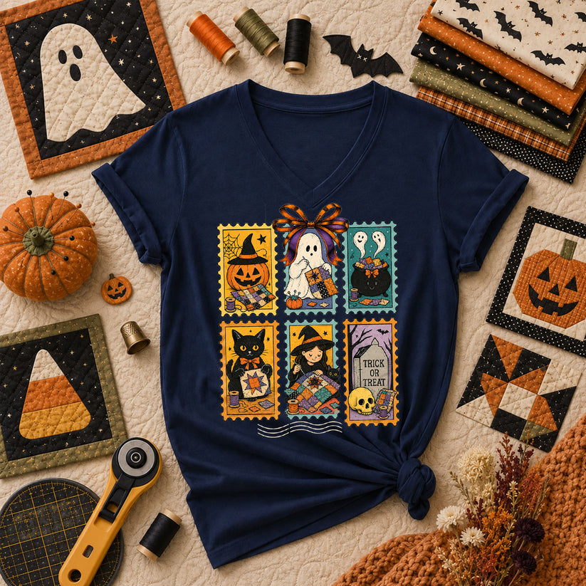 Halloween Quilting Stamps Trick Or Treat Women's V-Neck - Navy