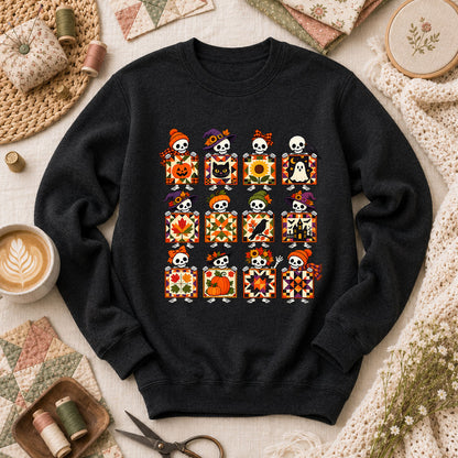 Halloween Skeleton Quilt Block Grid Long Sleeve - Black