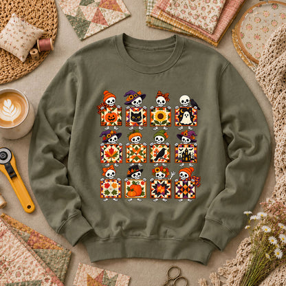 Halloween Skeleton Quilt Block Grid Long Sleeve - Military Green