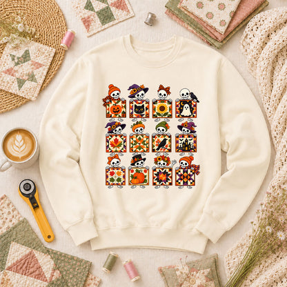 Halloween Skeleton Quilt Block Grid Long Sleeve - Natural