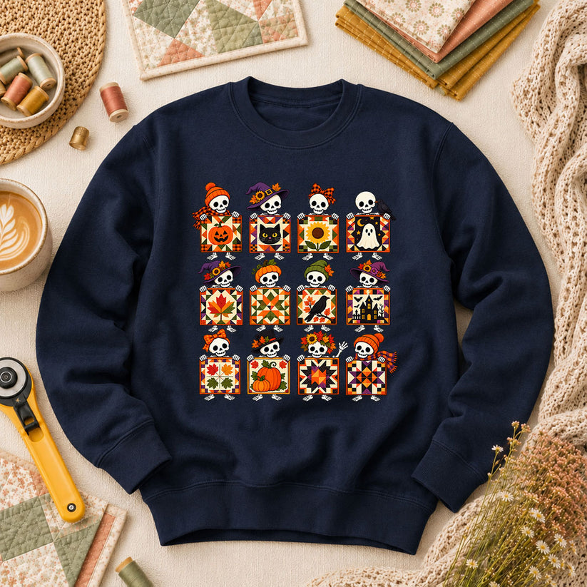 Halloween Skeleton Quilt Block Grid Long Sleeve - Navy