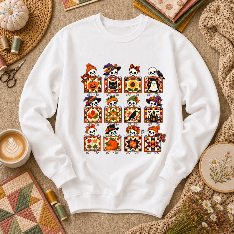 Halloween Skeleton Quilt Block Grid Long Sleeve - White
