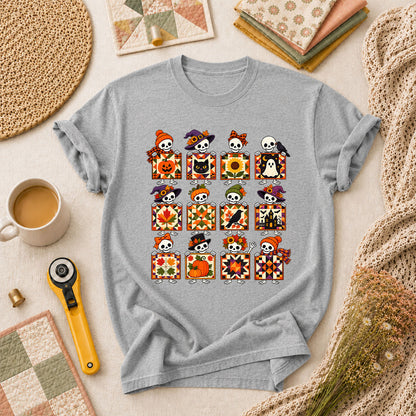 Halloween Skeleton Quilt Block Grid T-Shirt - Athletic Heather