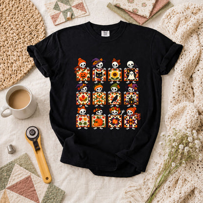 Halloween Skeleton Quilt Block Grid T-Shirt - Black