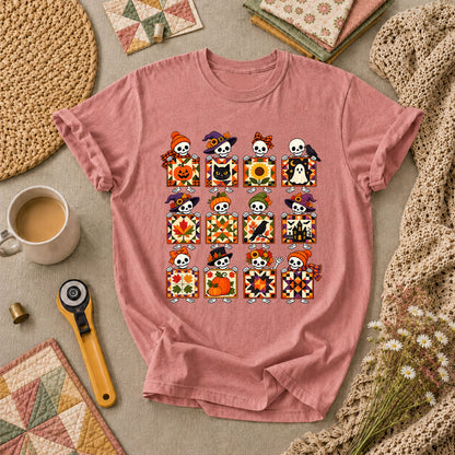 Halloween Skeleton Quilt Block Grid T-Shirt - Heather Mauve